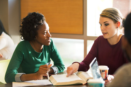 Two people talking while looking at a computer