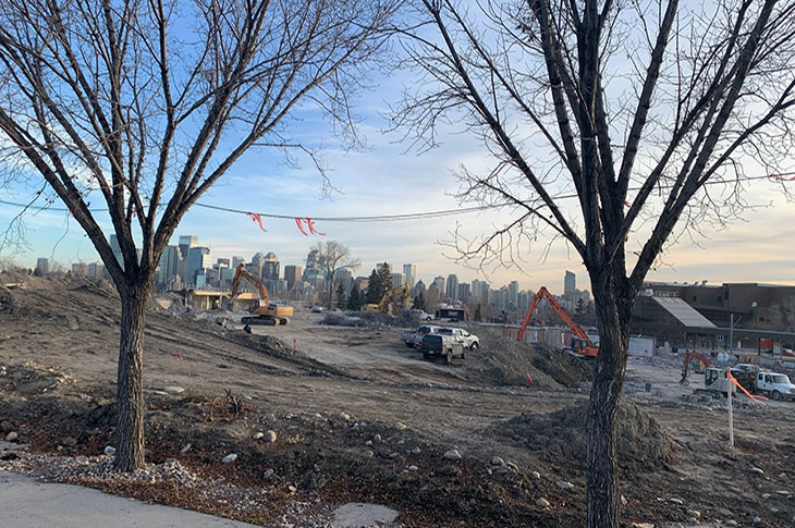 View of Campus Centre demolition with heavy equipment pulling down building components with trees in the foreground.