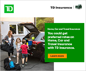 TD Insurance promotional graphic highlighting preferred rates for home, car, and travel insurance.