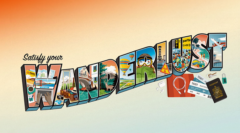 Illustration of travel images inside the word wanderlust