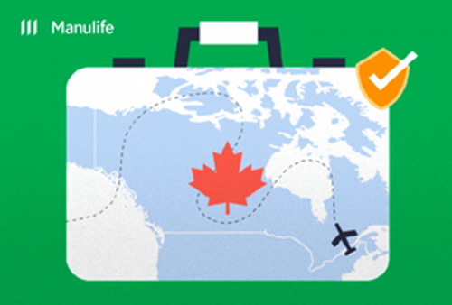 Illustration of a suitcase featuring a map of Canada with a flight path and an airplane, representing travel insurance by Manulife.