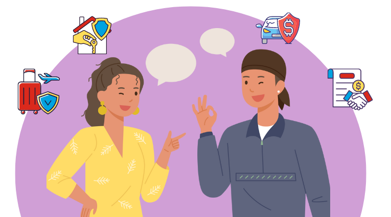cartoon graphic of a male and female over top a purple half circle